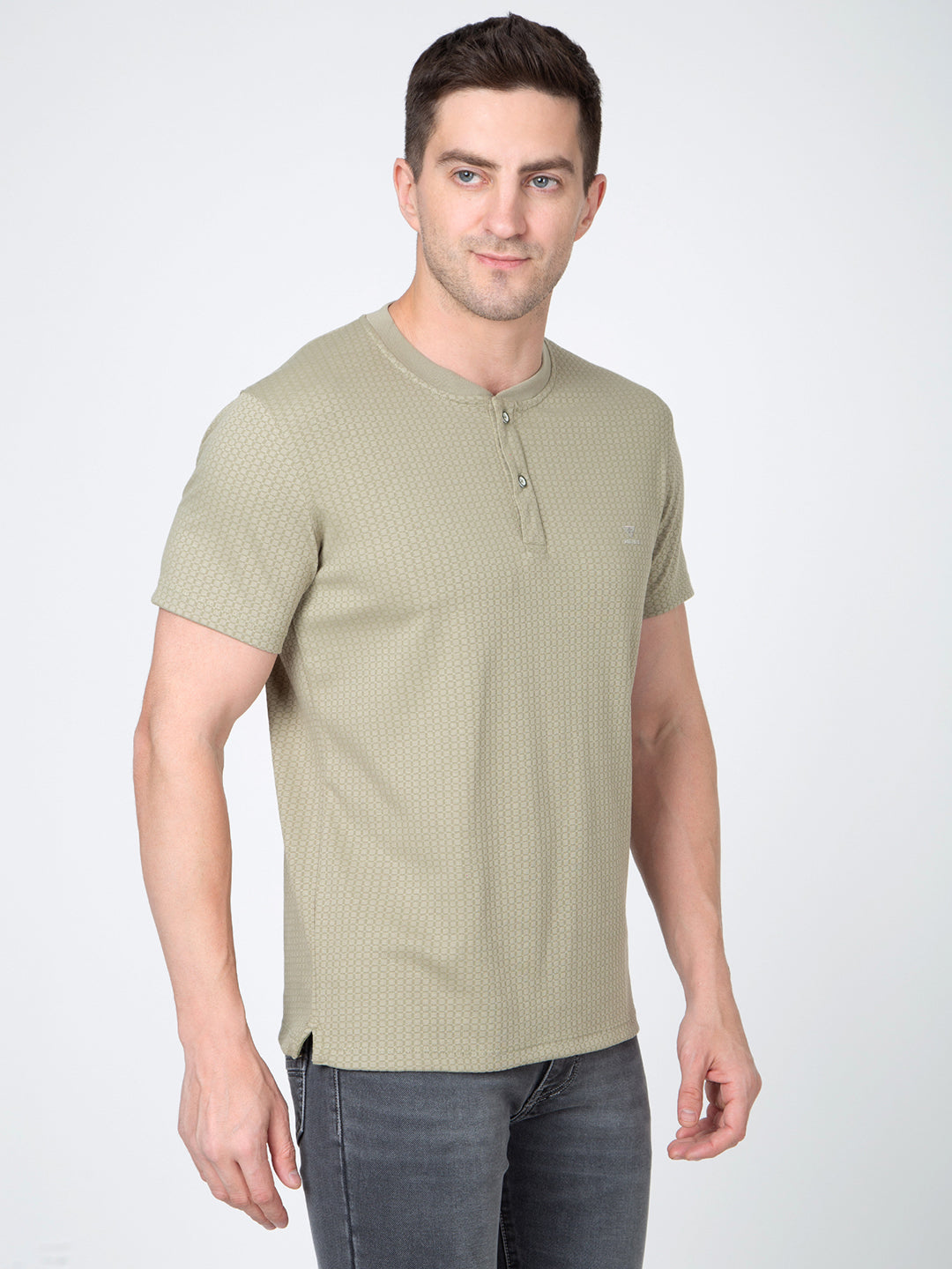 Men Green Round Neck Henley Nick T-Shirt
