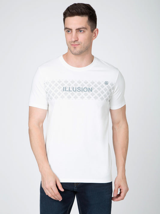 Men White Round Neck Front Print T-Shirt