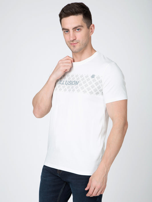 Men White Round Neck Front Print T-Shirt