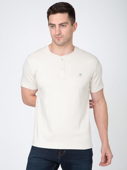 Men Cream Round Neck Henley Nick T-Shirt