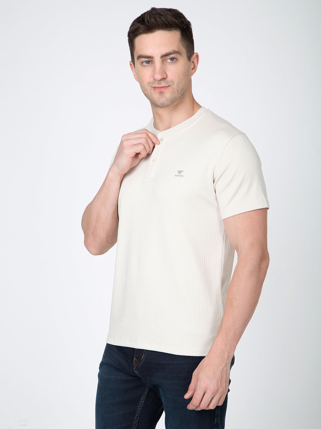 Men Cream Round Neck Henley Nick T-Shirt