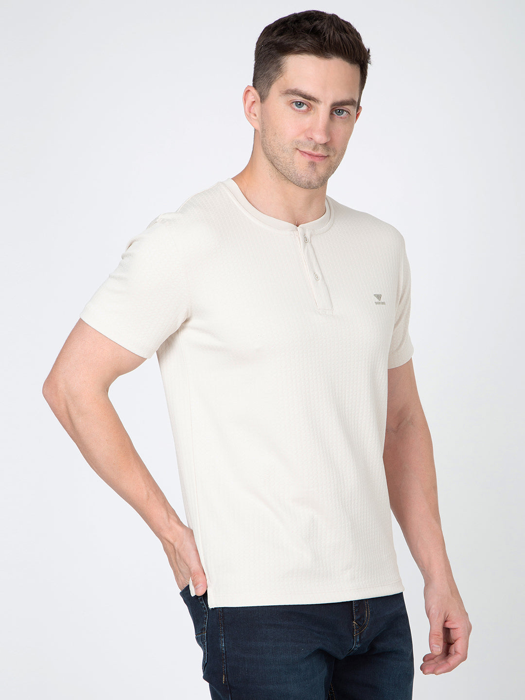 Men Cream Round Neck Henley Nick T-Shirt