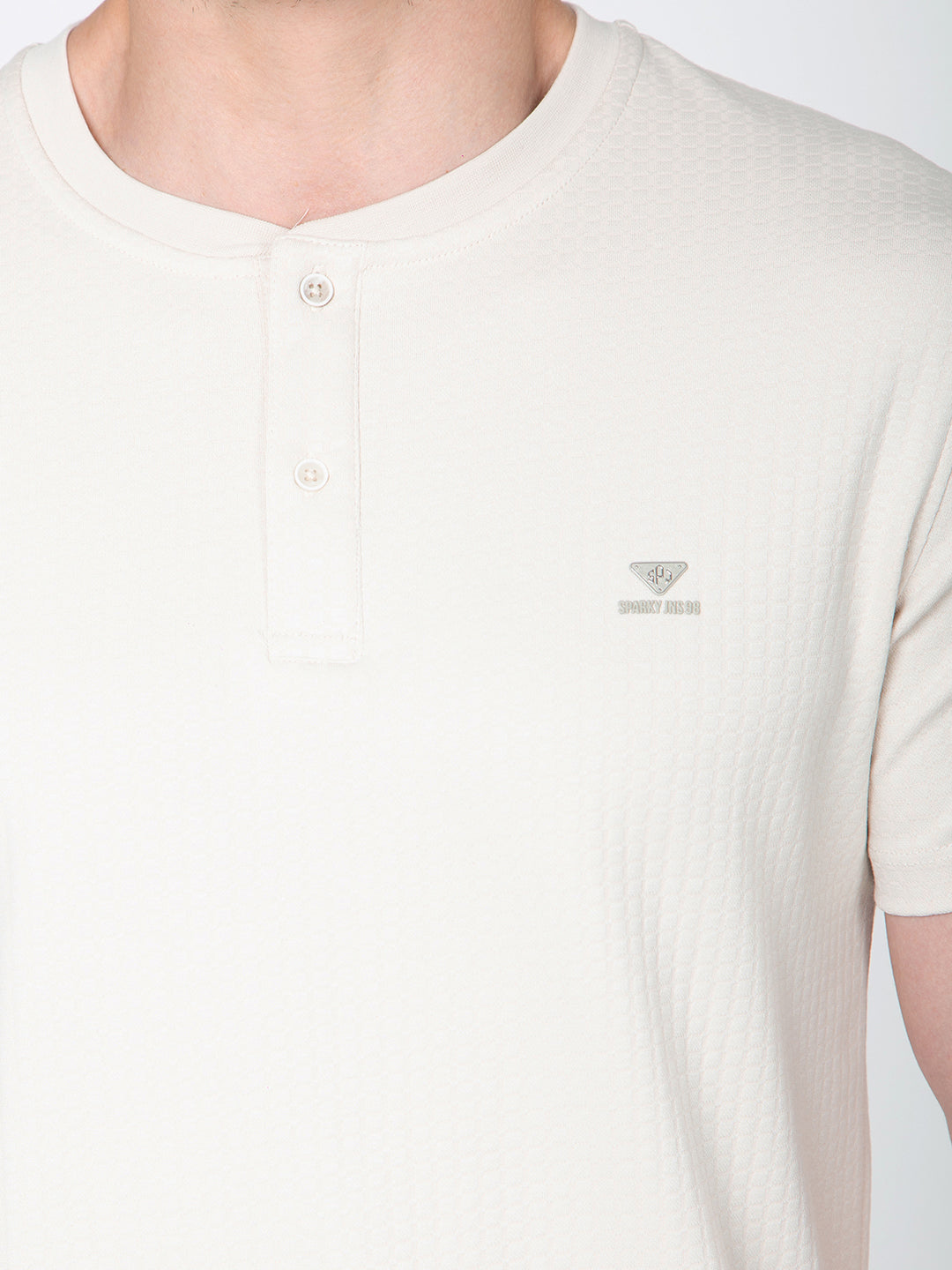 Men Cream Round Neck Henley Nick T-Shirt
