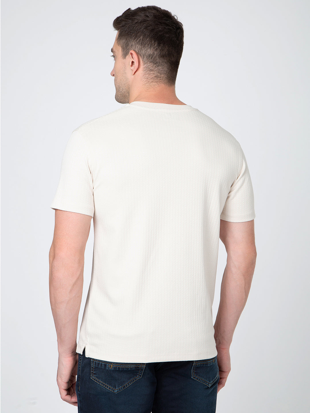 Men Cream Round Neck Henley Nick T-Shirt