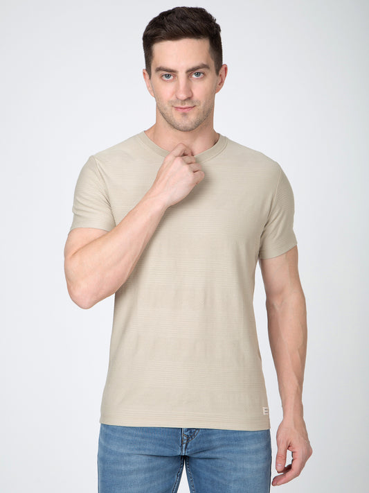Men Beige Round Neck Jaquard T-Shirt