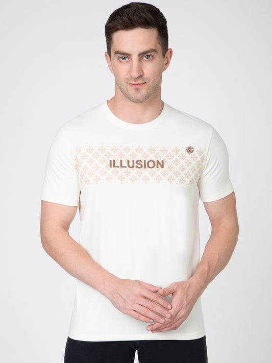 Men Cream Round Neck Front Print T-Shirt