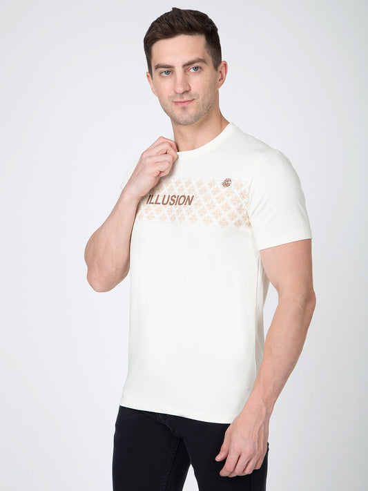 Men Cream Round Neck Front Print T-Shirt