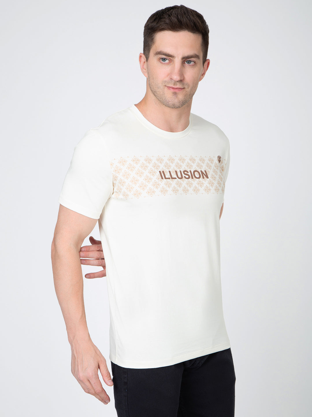 Men Cream Round Neck Front Print T-Shirt