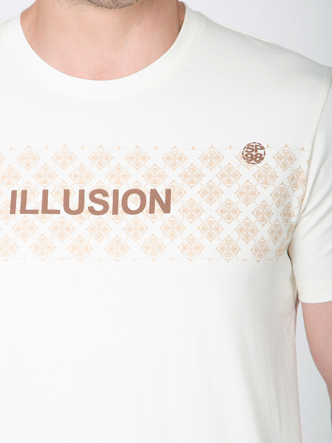 Men Cream Round Neck Front Print T-Shirt