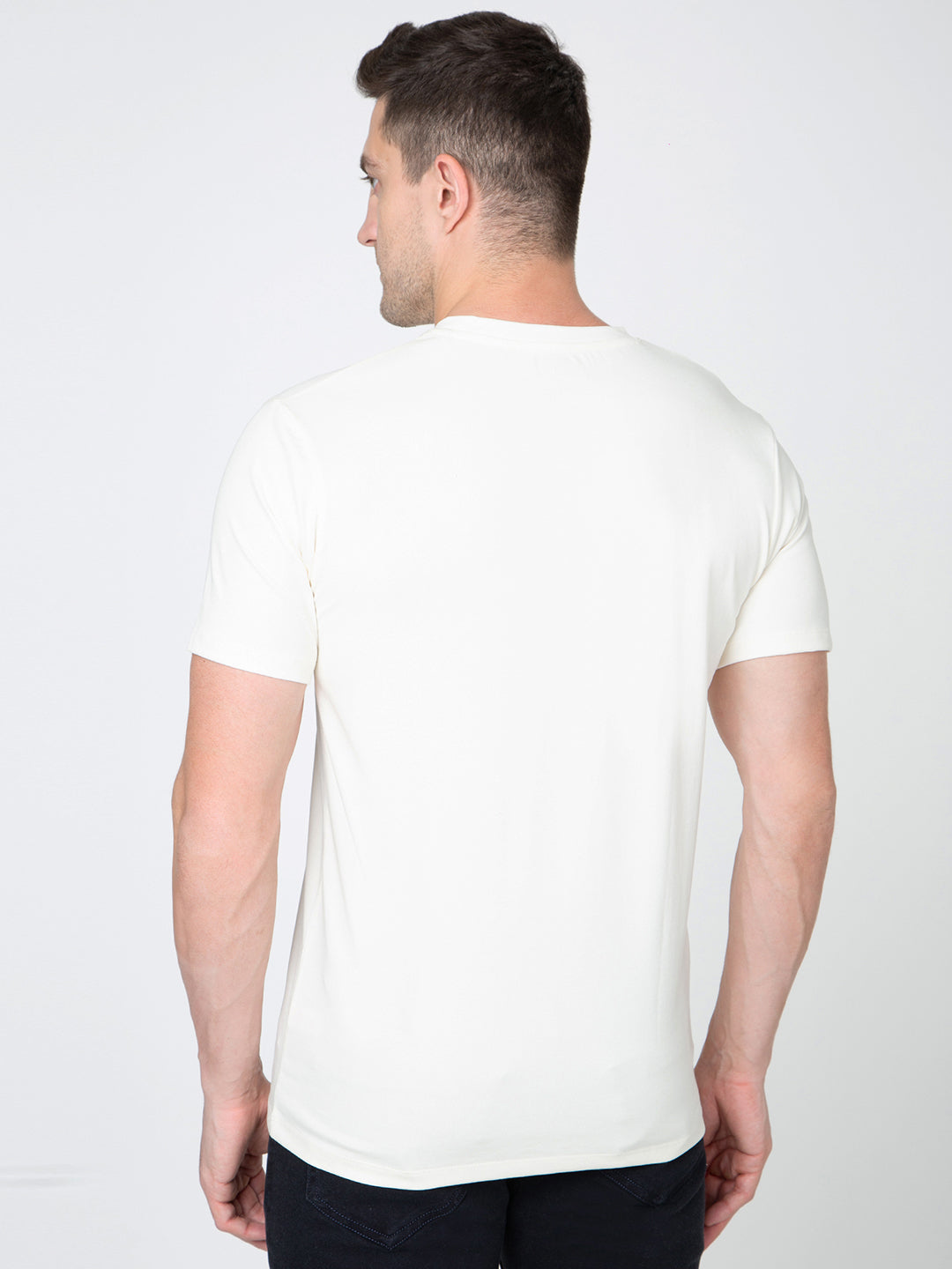 Men Cream Round Neck Front Print T-Shirt