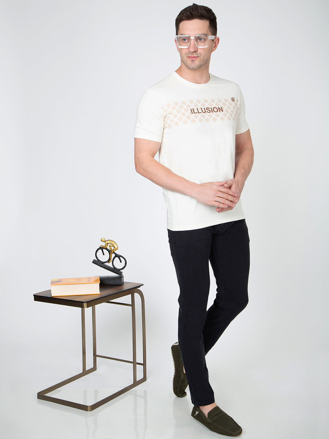 Men Cream Round Neck Front Print T-Shirt