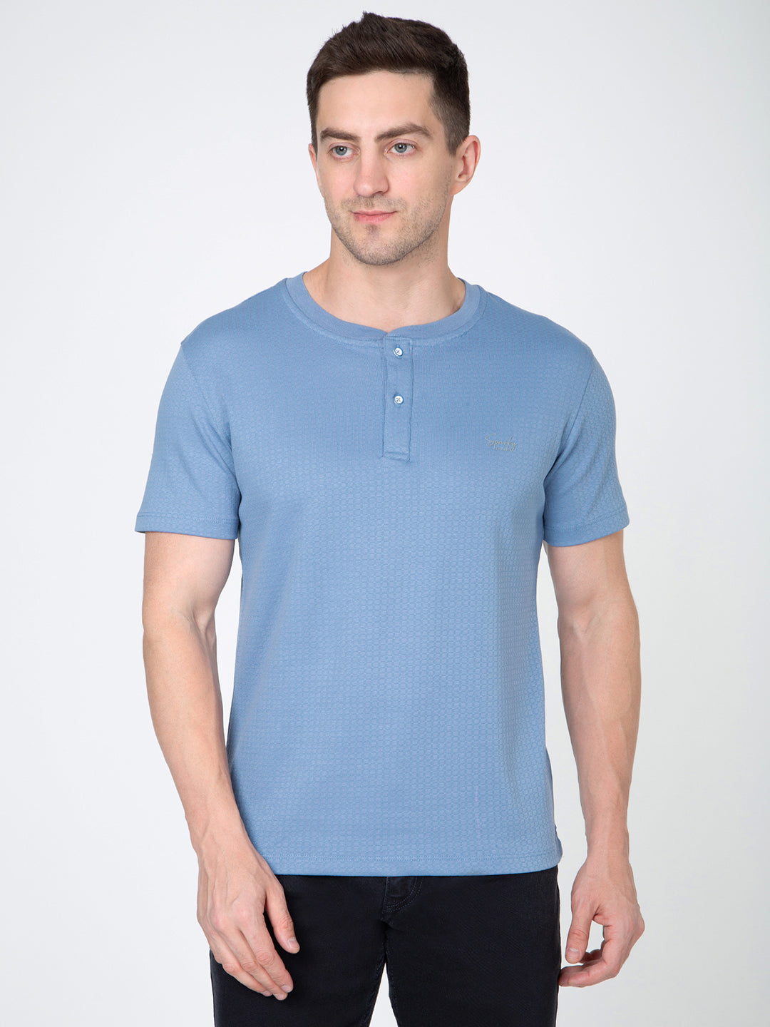 Men Blue Round Neck Henley Nick T-Shirt