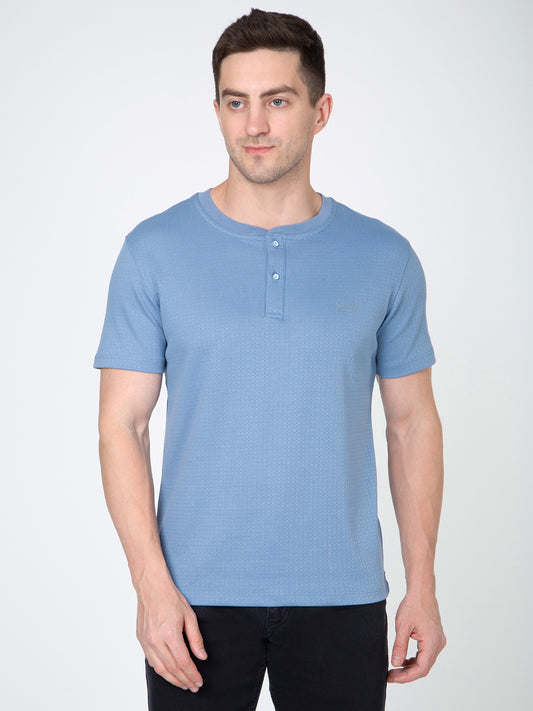 Men Blue Round Neck Henley Nick T-Shirt