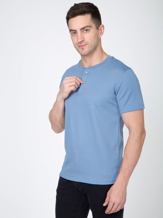 Men Blue Round Neck Henley Nick T-Shirt