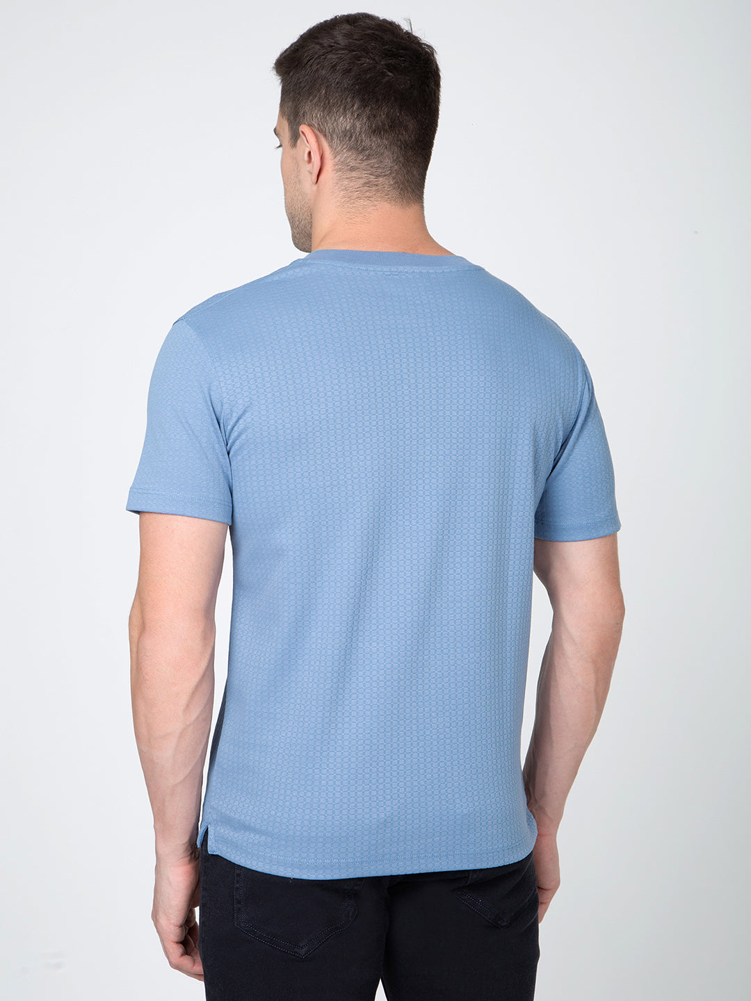 Men Blue Round Neck Henley Nick T-Shirt