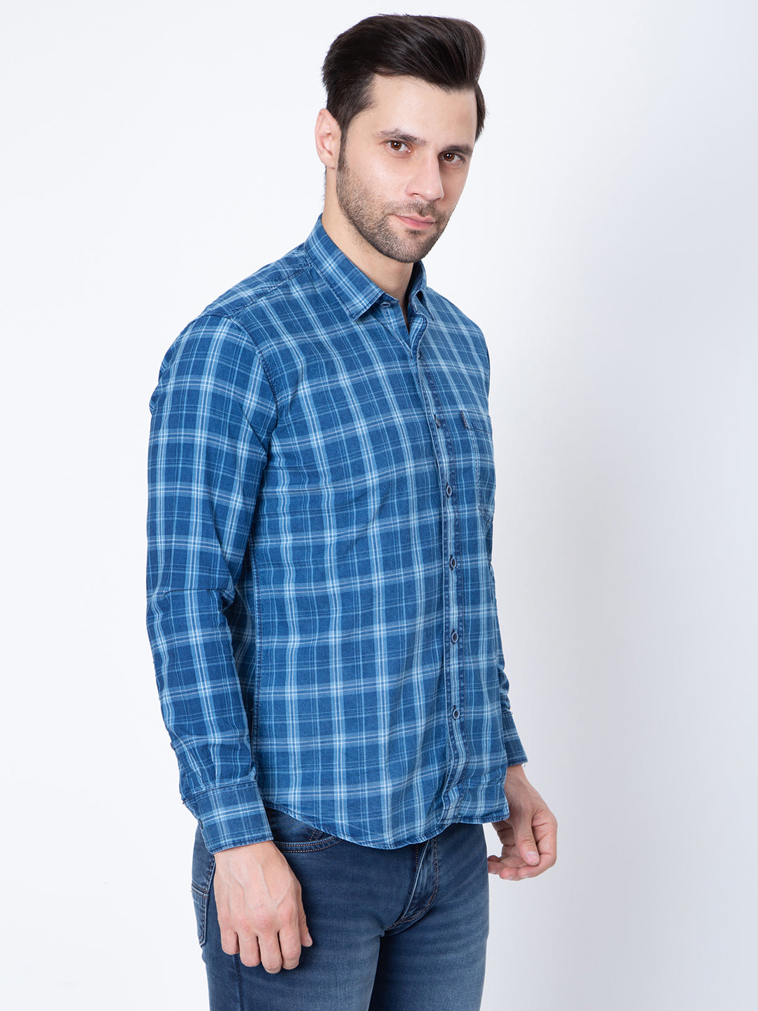 Mens Indigo Check Print Shirt
