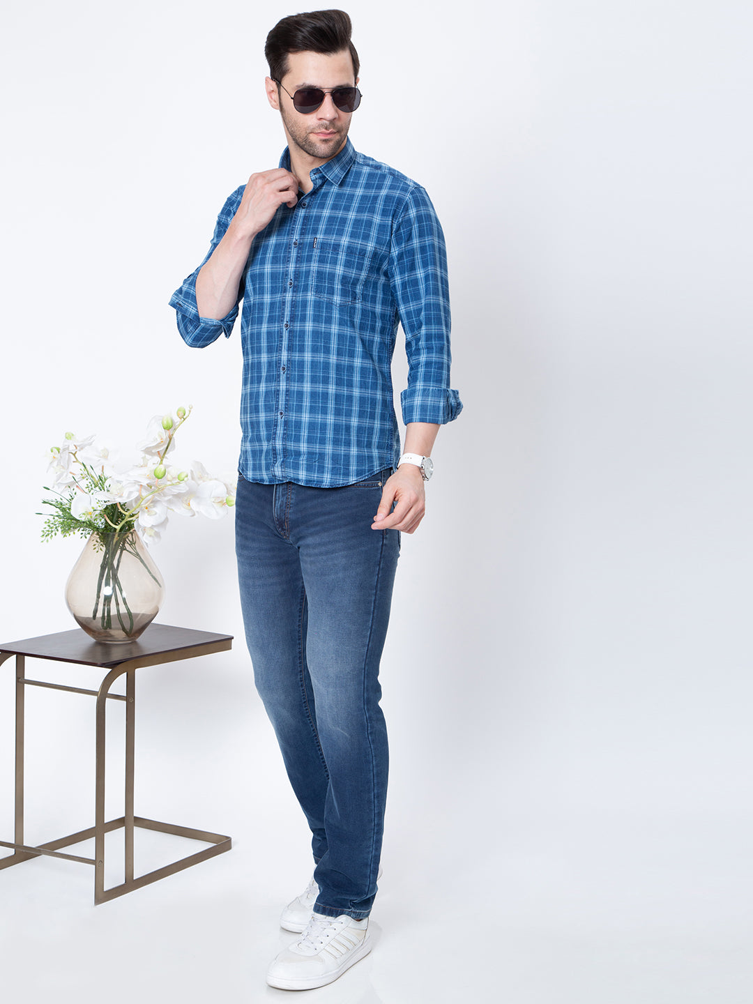Mens Indigo Check Print Shirt