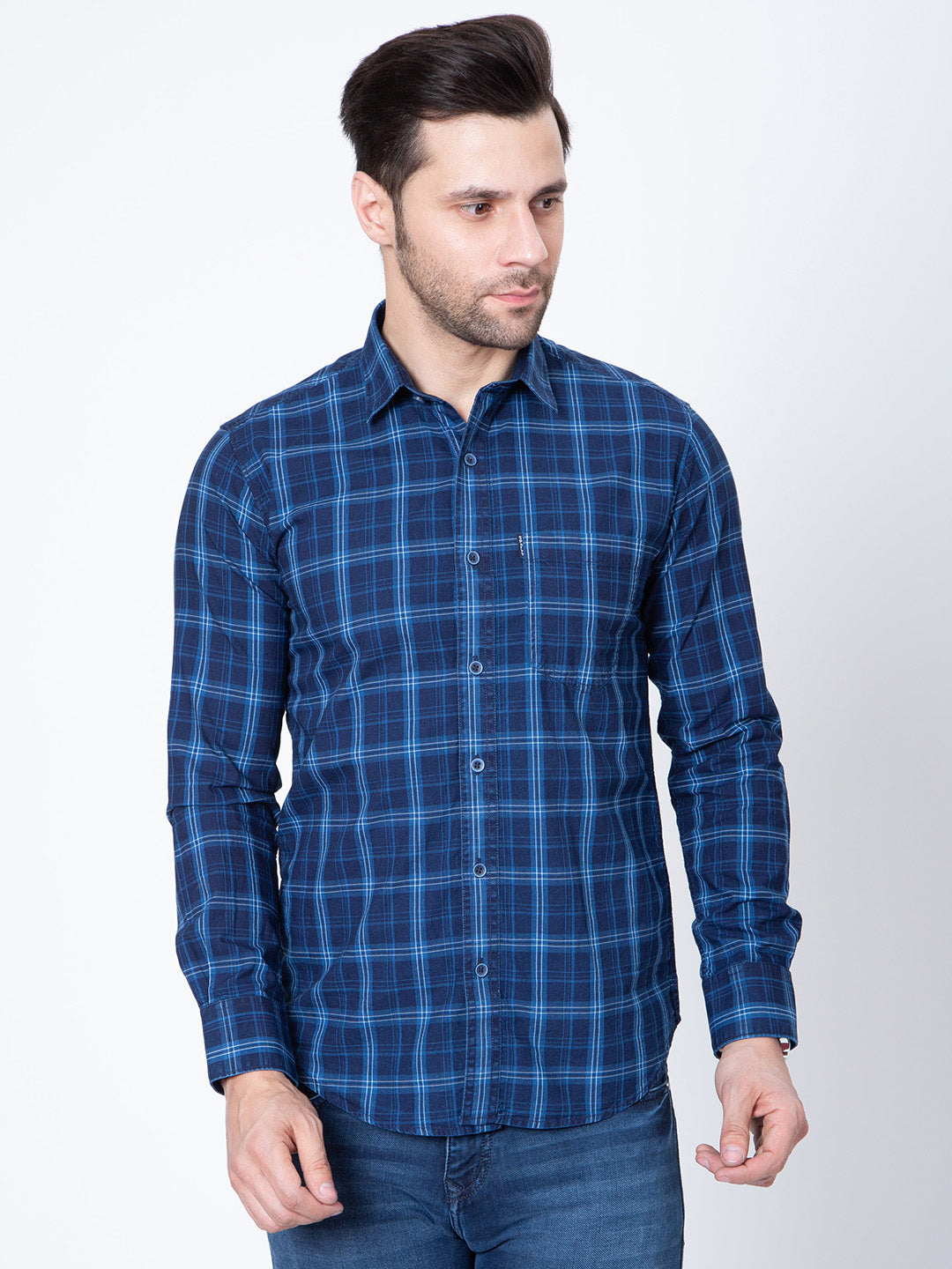 Mens Indigo Check Print Shirt