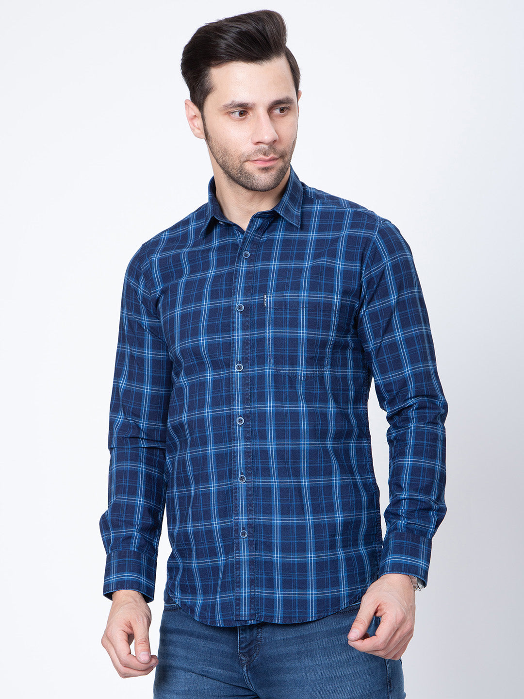 Mens Indigo Check Print Shirt