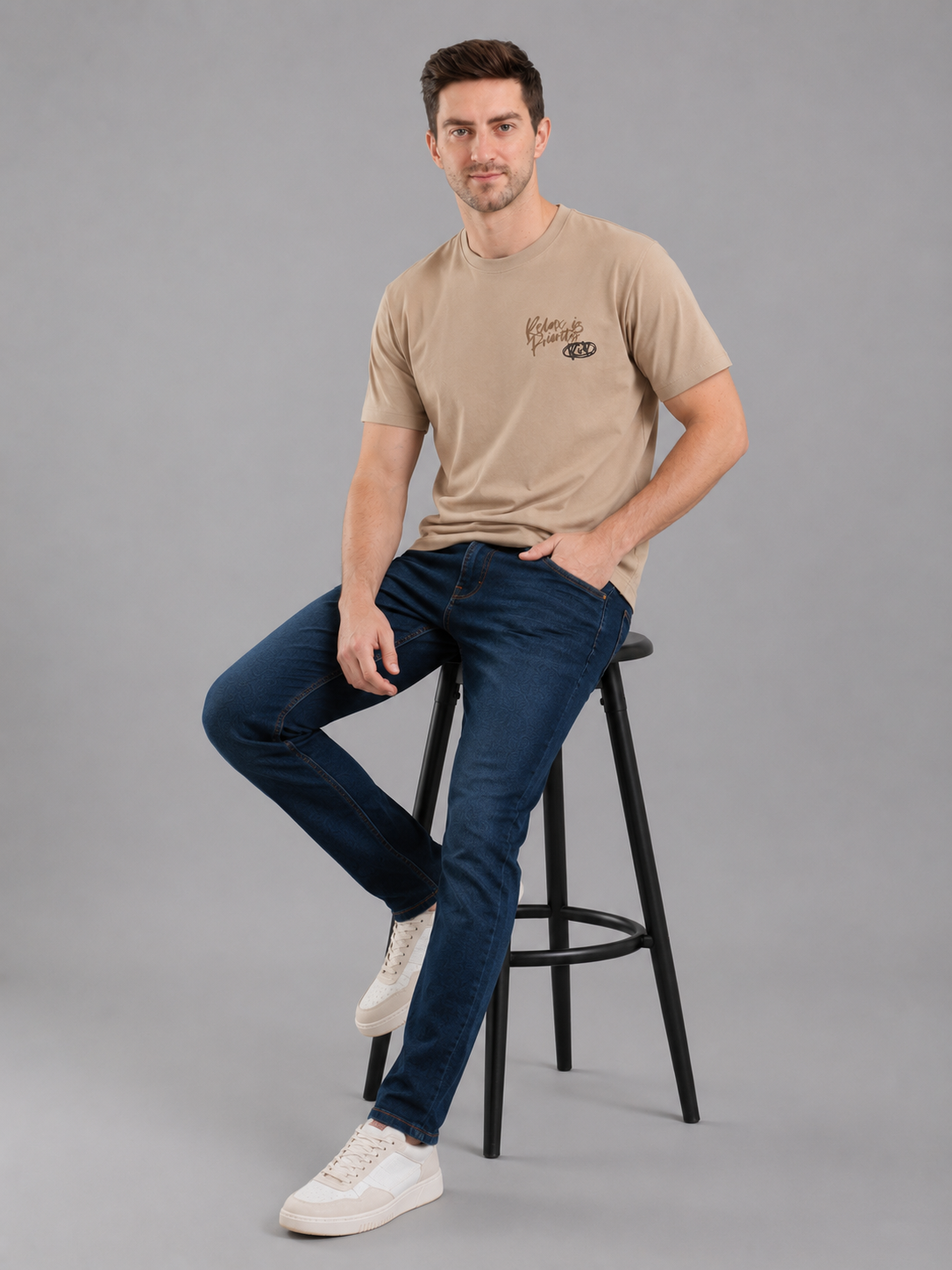 Men Down Shoulder Round Neck T-Shirt