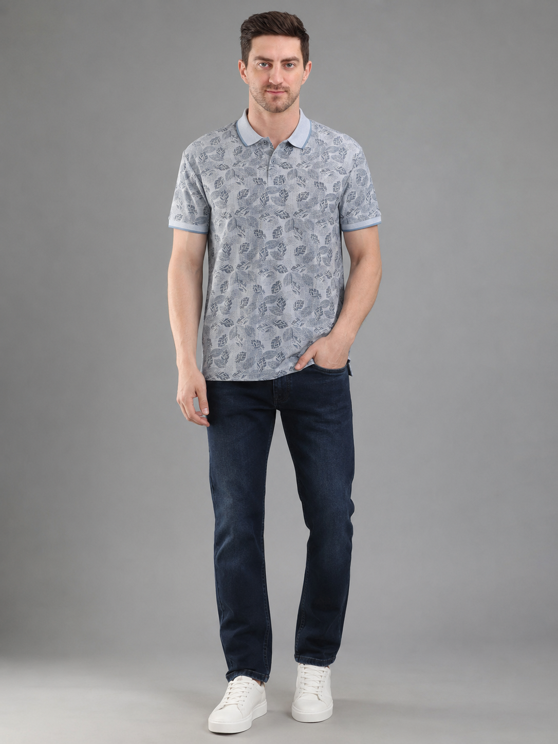 Men Grey Color Printed Polo T-Shirt