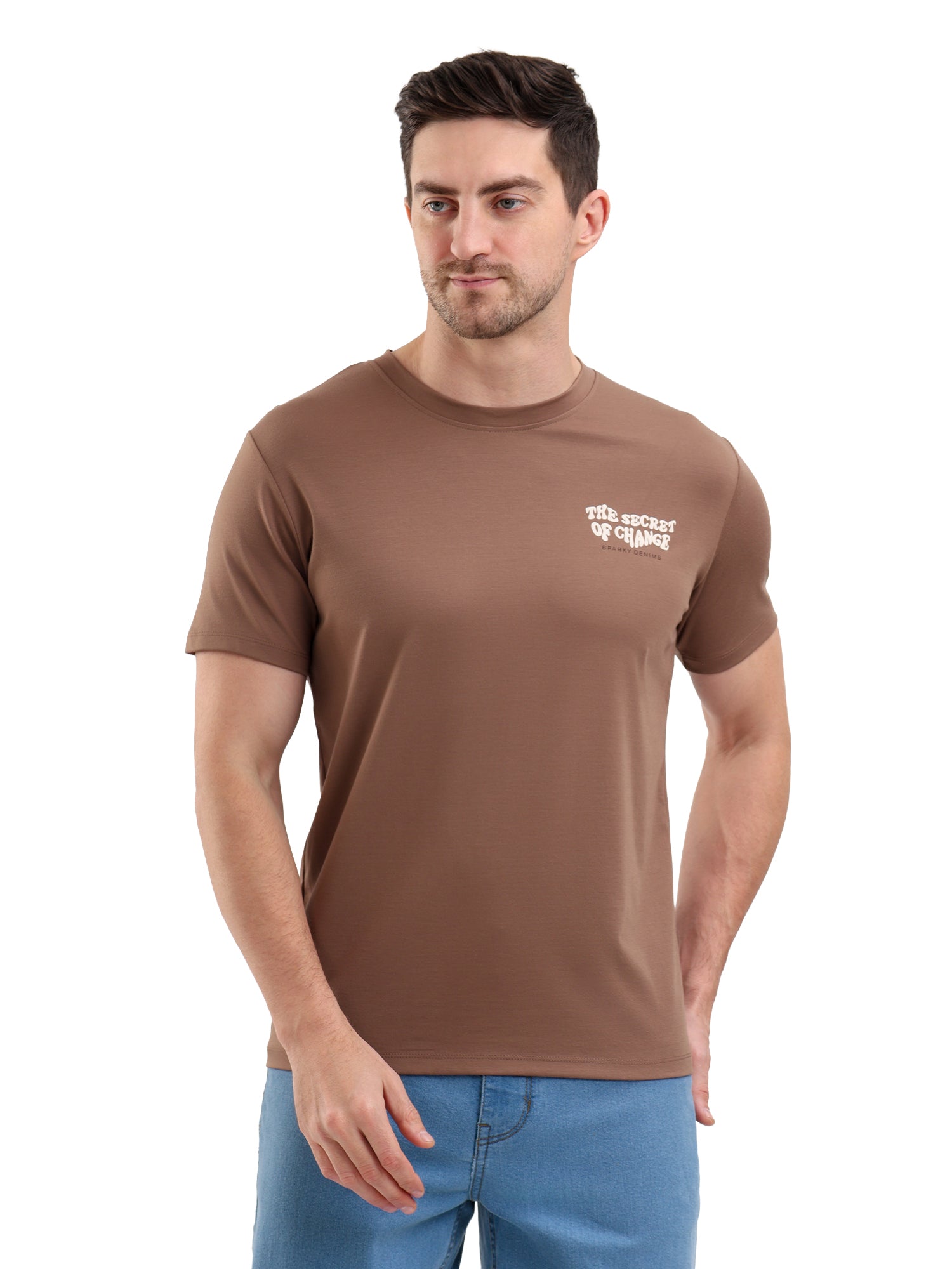 Sparky Solid Slim Fit Cotton Formal T-Shirt Half Sleeve | Summer Plus Size Brown Color