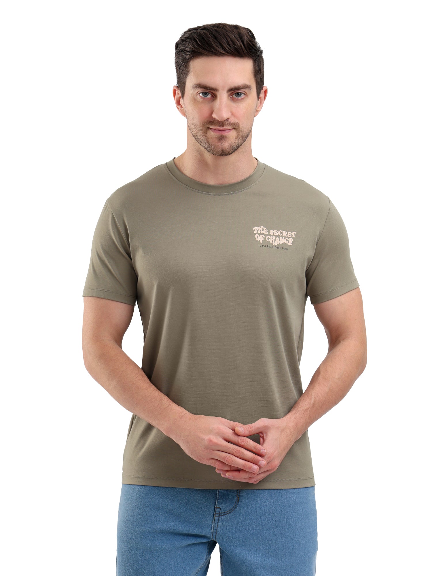 Sparky Solid Slim Fit Cotton Formal T-Shirt Half Sleeve | Summer Plus Size Olive Color