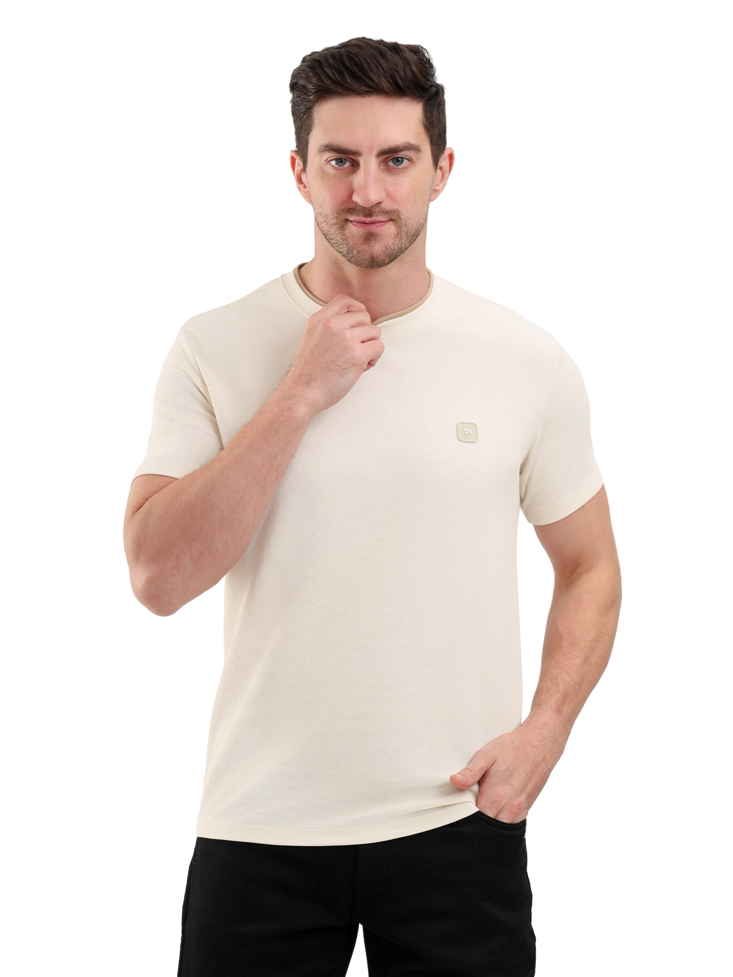 Sparky Solid Slim Fit Cotton Formal T-Shirt Half Sleeve | Summer Plus Size Cream Color