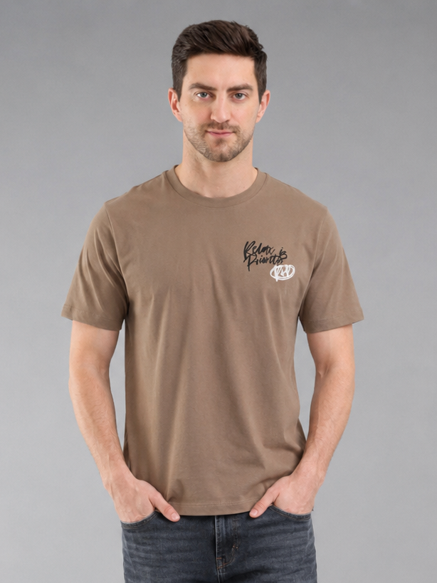 Men Brown Color Down Shoulder Round Neck T-Shirt