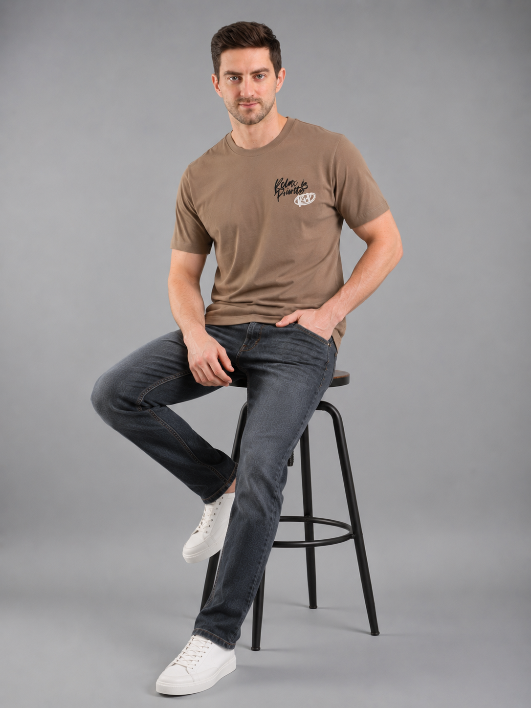 Men Brown Color Down Shoulder Round Neck T-Shirt