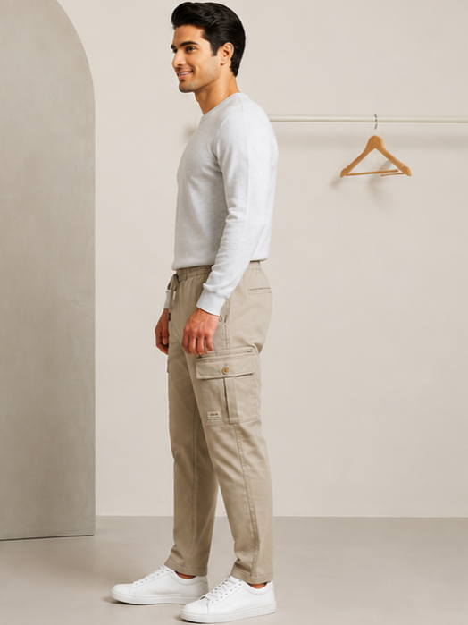 SPARKY Men Fawn Slim Fit Cargo Trousers | Stylish Casual Jogger Pants
