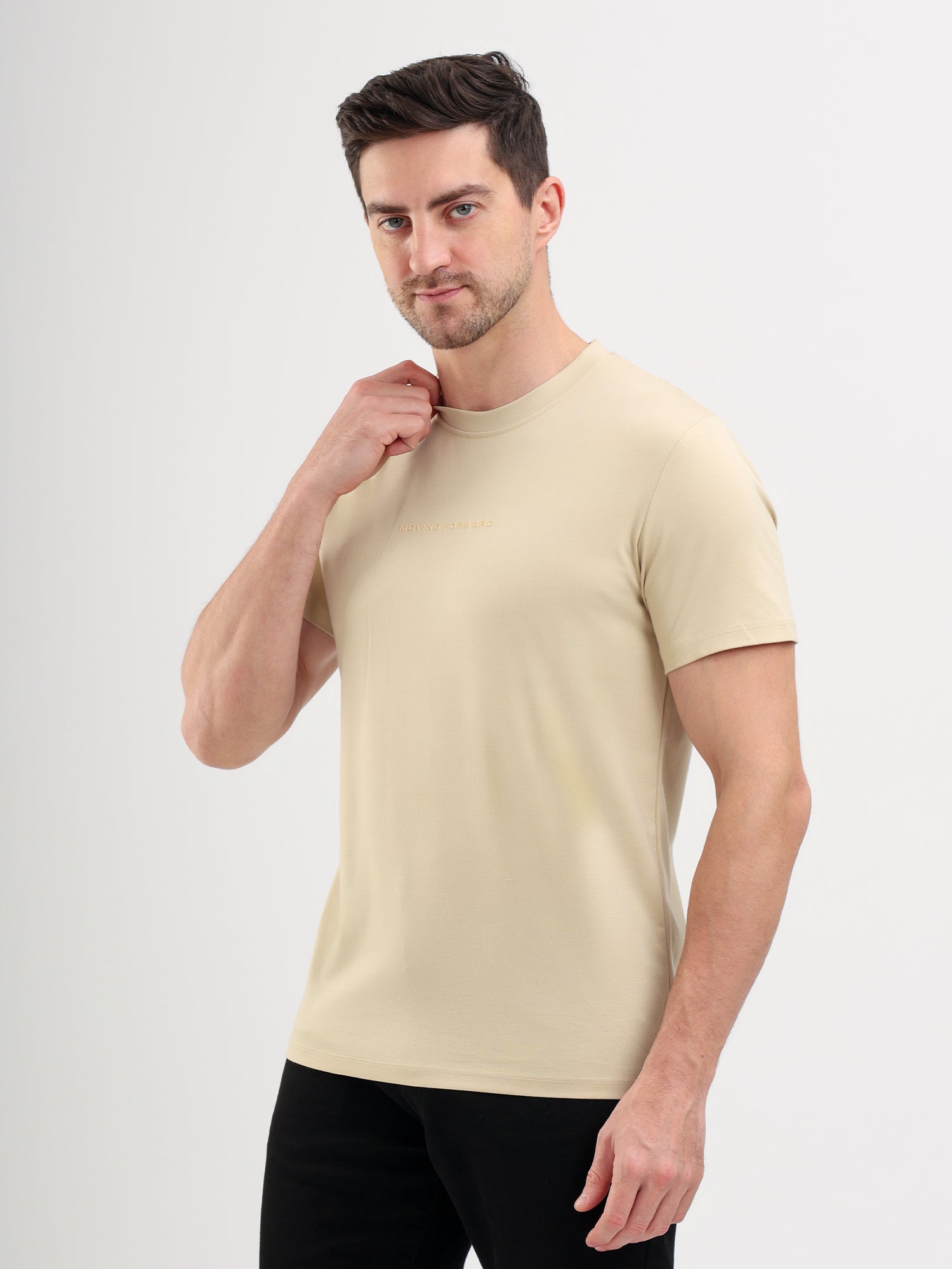 Sparky Solid Slim Fit Cotton Formal T-Shirt Half Sleeve | Summer Plus Size Beige Color
