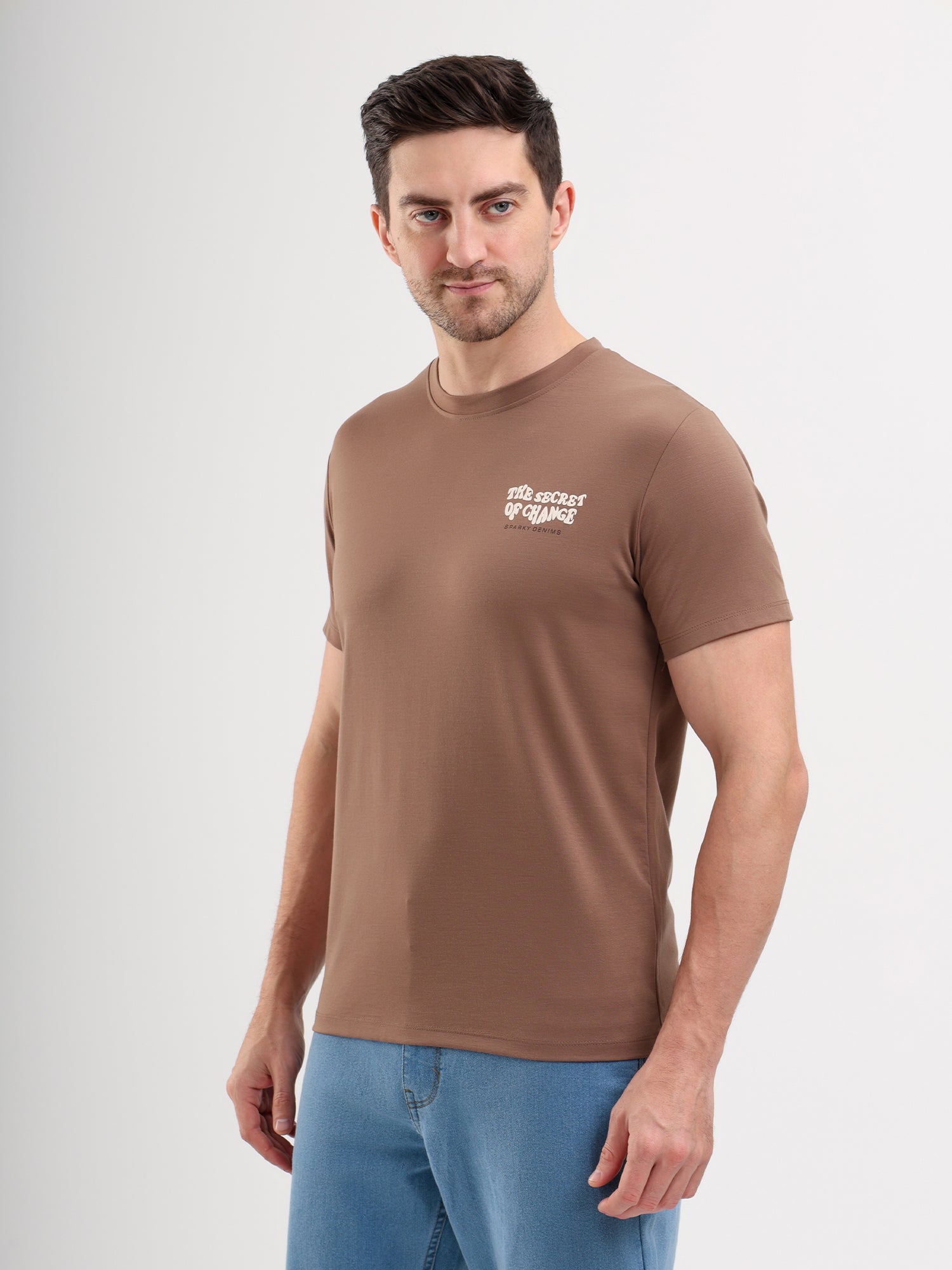 Sparky Solid Slim Fit Cotton Formal T-Shirt Half Sleeve | Summer Plus Size Brown Color