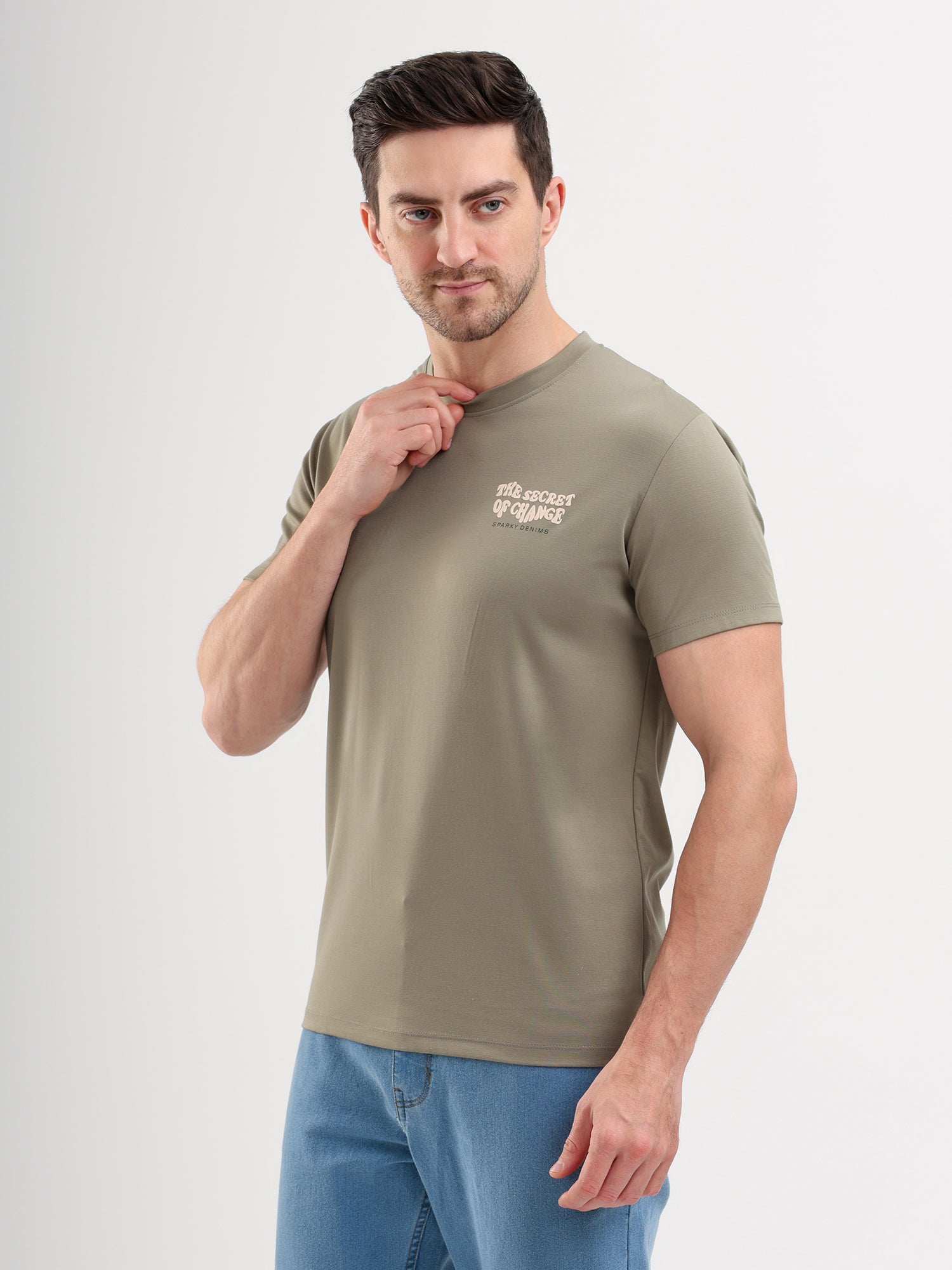 Sparky Solid Slim Fit Cotton Formal T-Shirt Half Sleeve | Summer Plus Size Olive Color