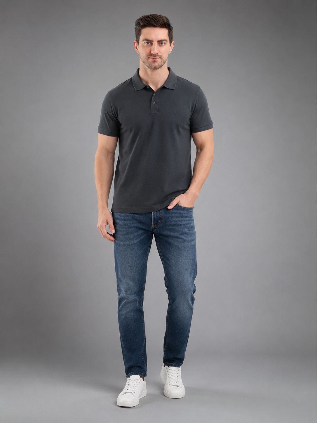 Men Grey Color Solid Polo T-Shirt