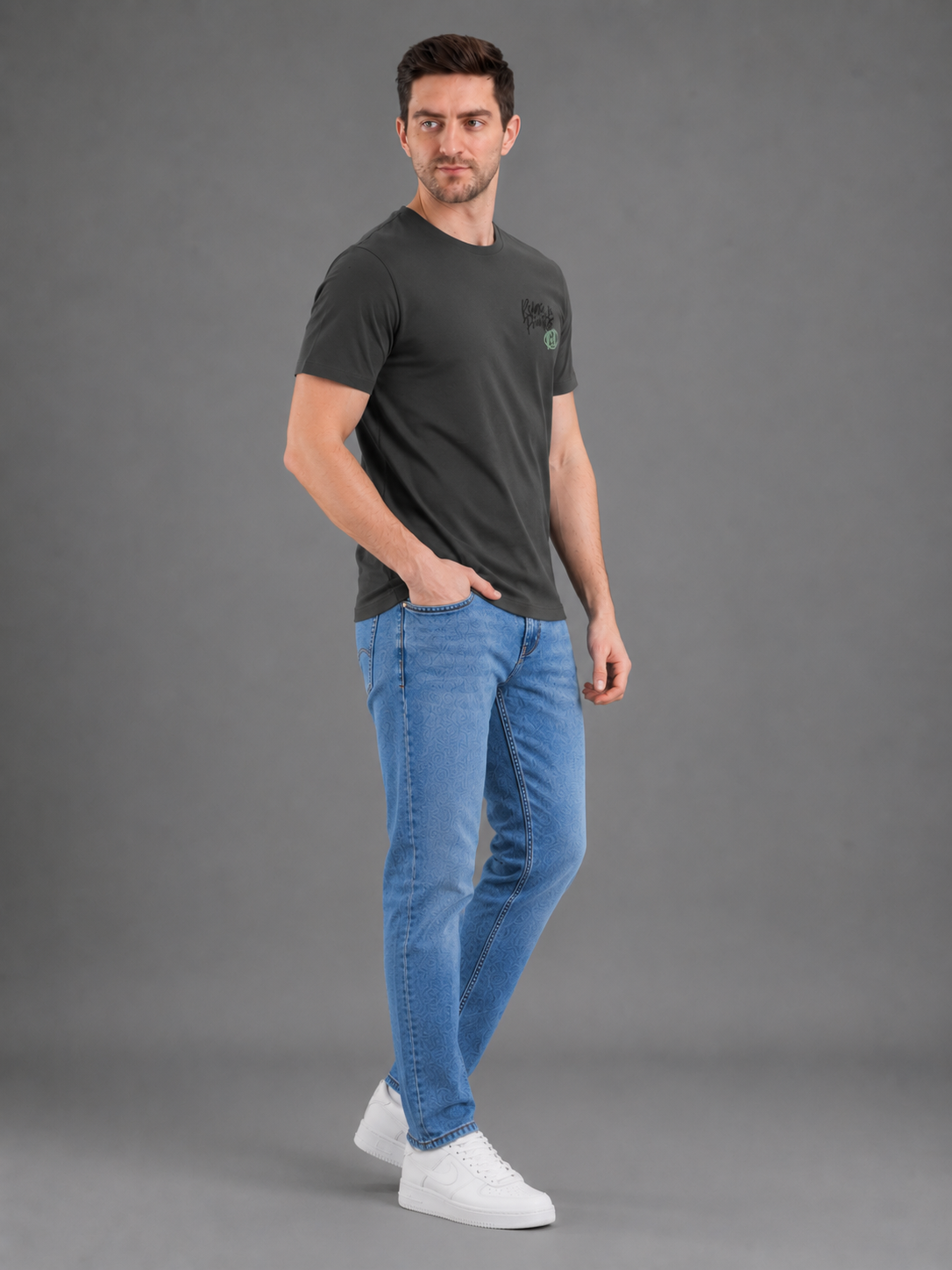Men Green Color Down Shoulder Round Neck T-Shirt