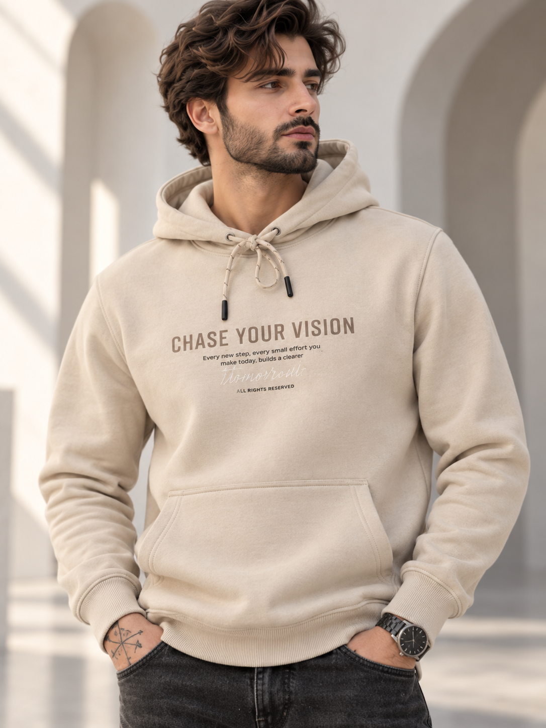 Beige Colour Regular Fit  Primium Hooded Sweatshirt
