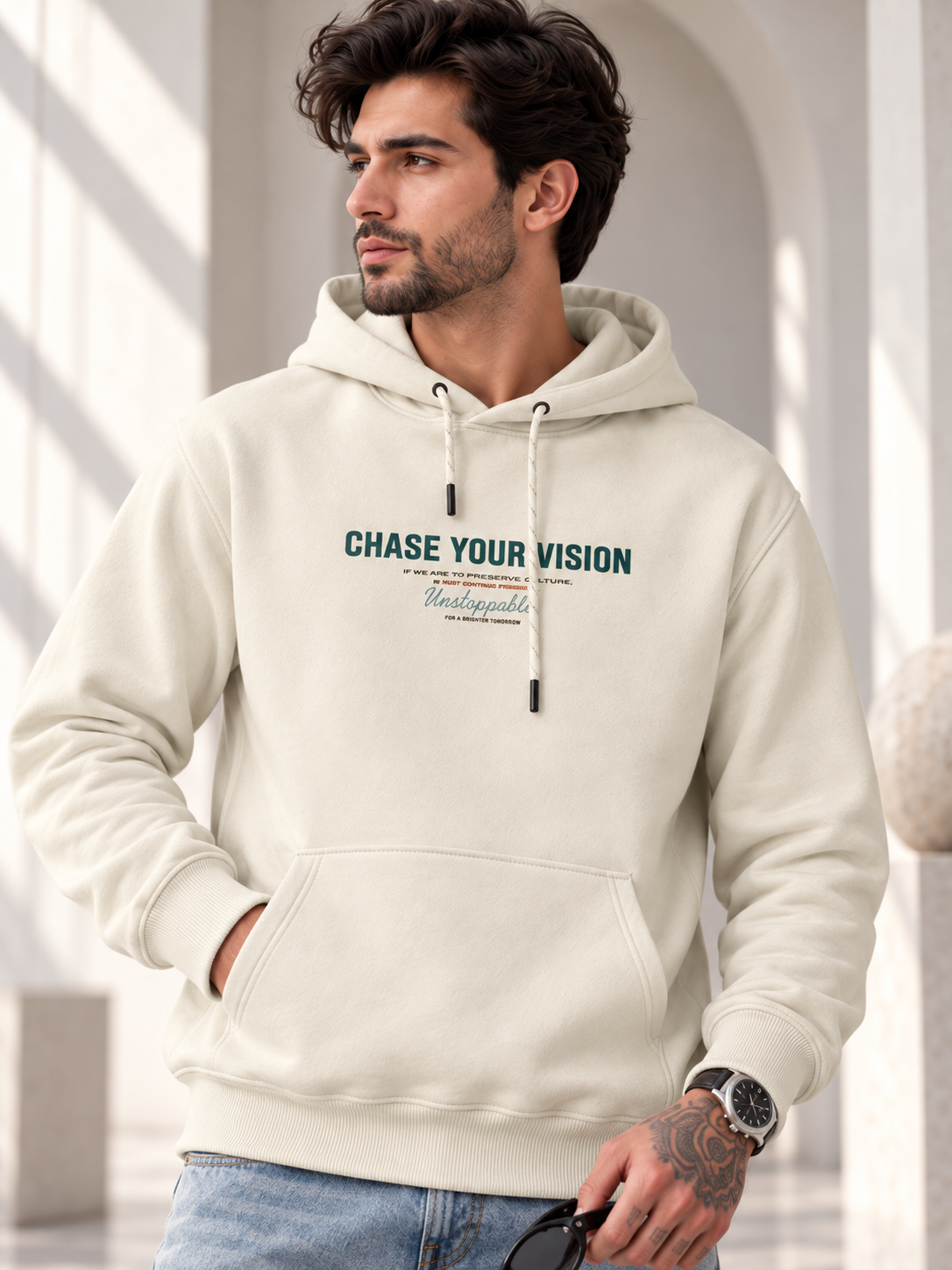 Cream Colour Regular Fit  Primium Hooded Sweatshirt