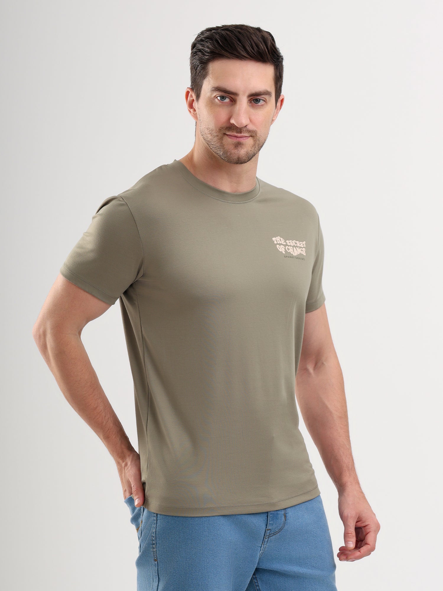 Sparky Solid Slim Fit Cotton Formal T-Shirt Half Sleeve | Summer Plus Size Olive Color