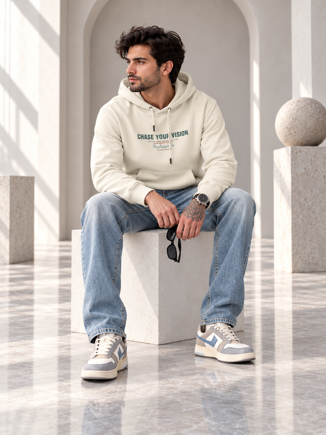 Cream Colour Regular Fit  Primium Hooded Sweatshirt