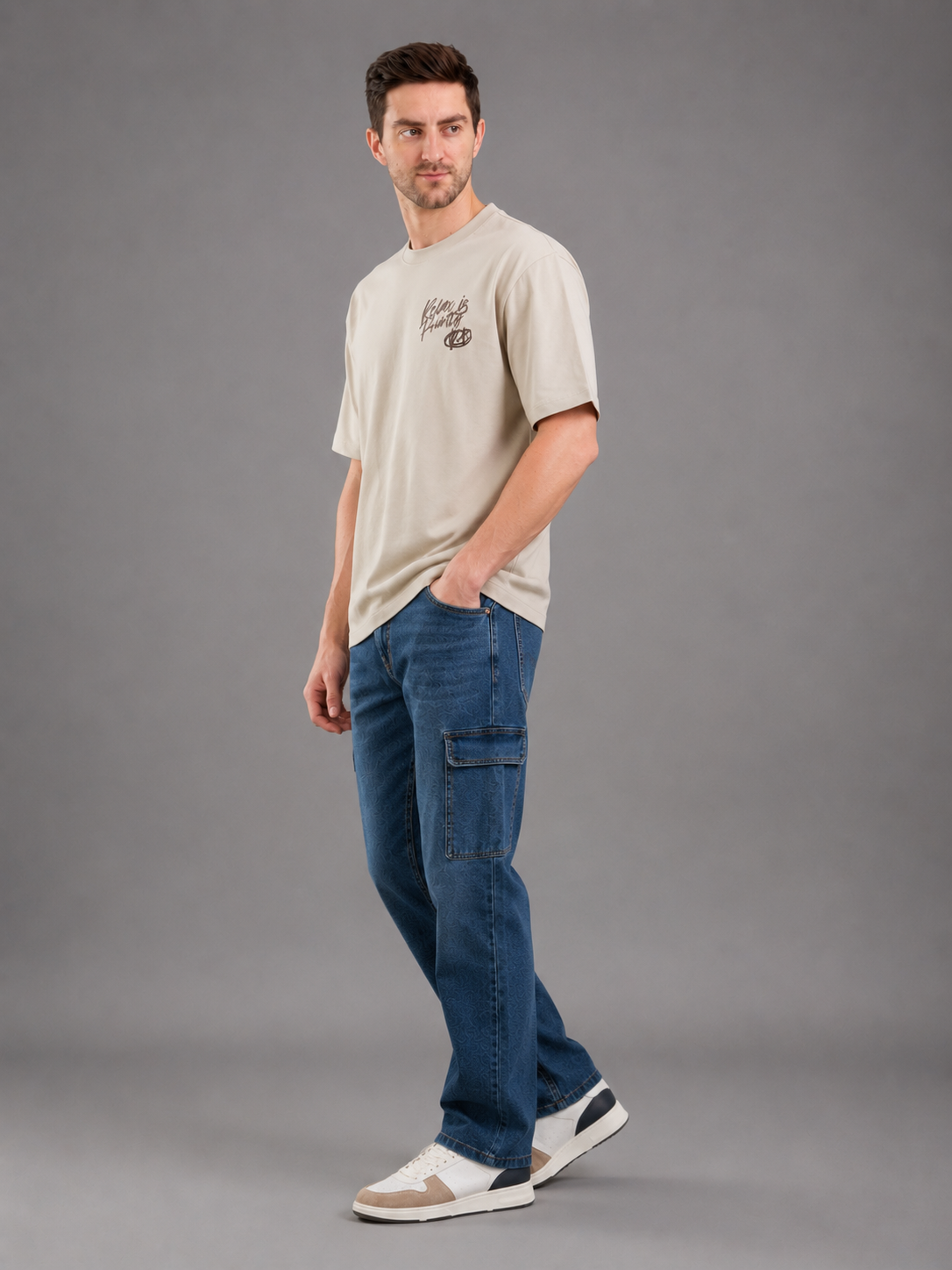 Men Fawn Color Down Shoulder Round Neck T-Shirt