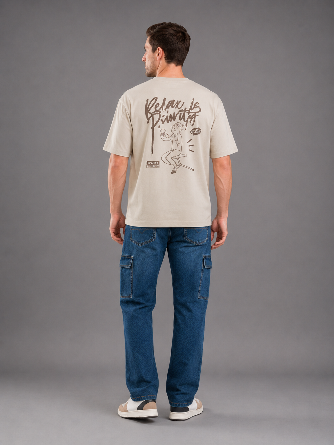 Men Fawn Color Down Shoulder Round Neck T-Shirt