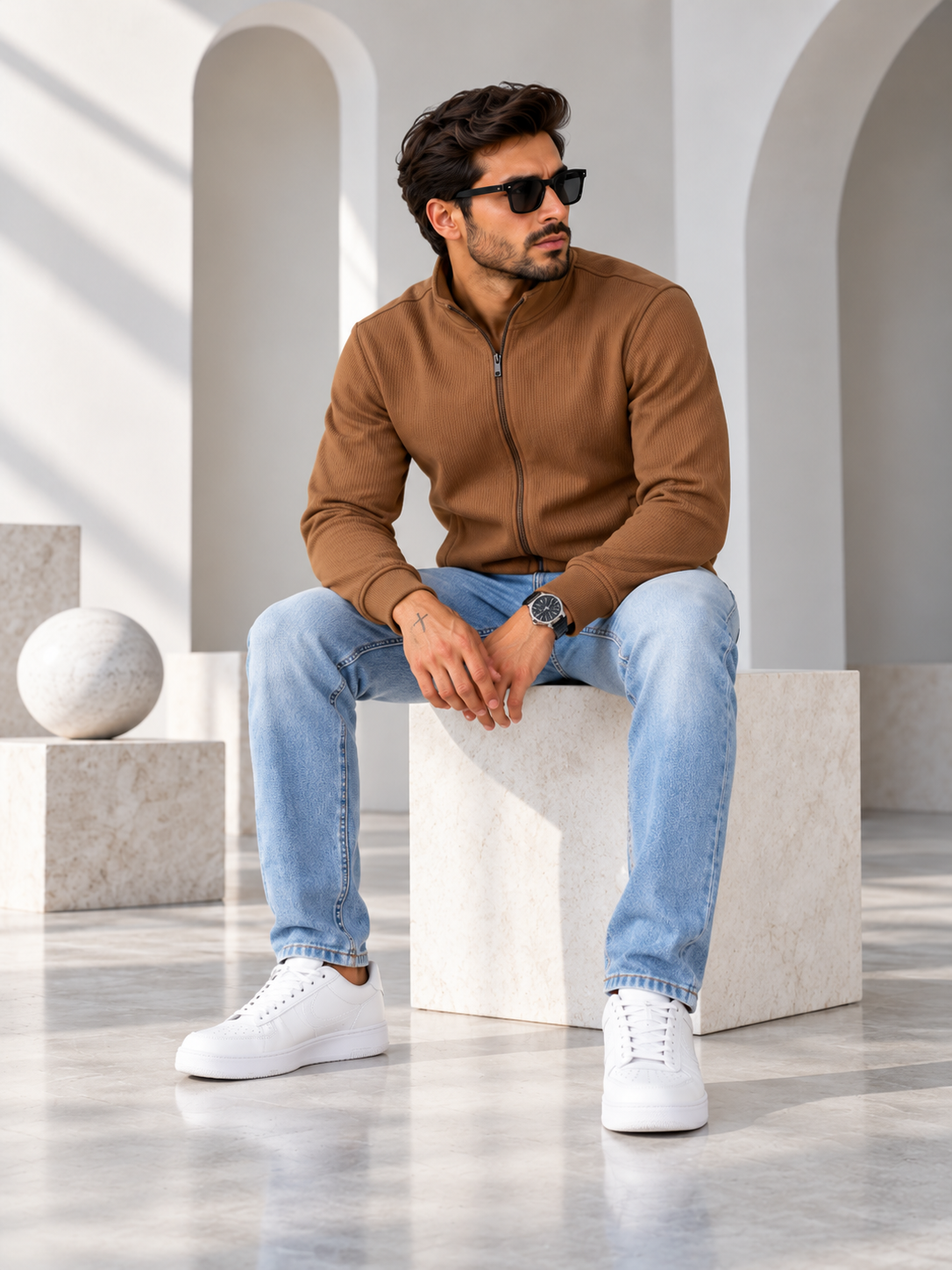 Men's Brown Solid Full Sleeves Sweatshirt