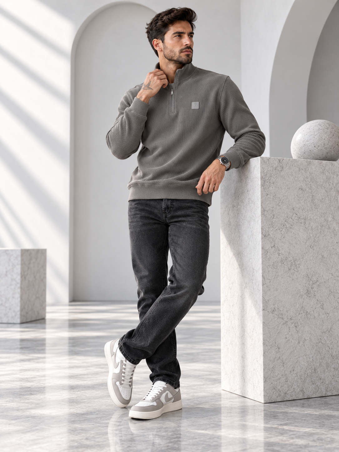 Men Grey Colour Half Zipper Premium Sweatshirt