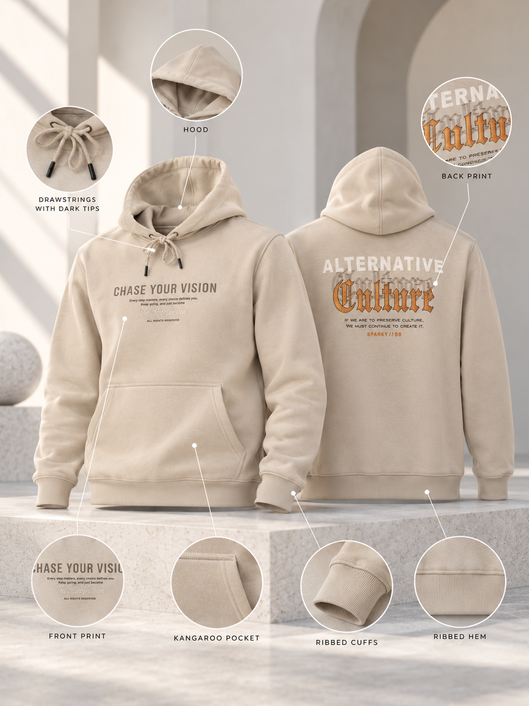 Beige Colour Regular Fit  Primium Hooded Sweatshirt