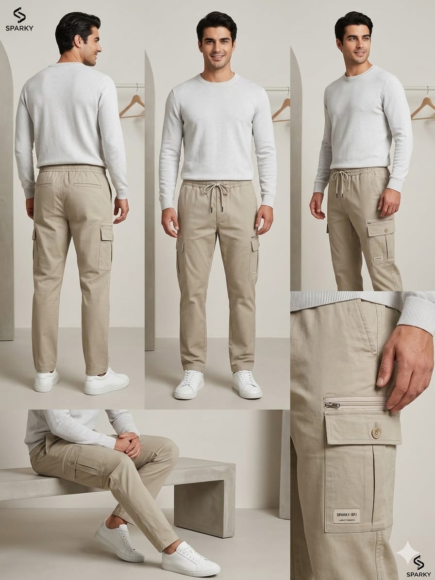 SPARKY Men Fawn Slim Fit Cargo Trousers | Stylish Casual Jogger Pants