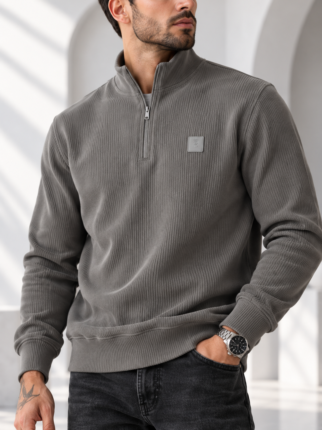 Men Grey Colour Half Zipper Premium Sweatshirt