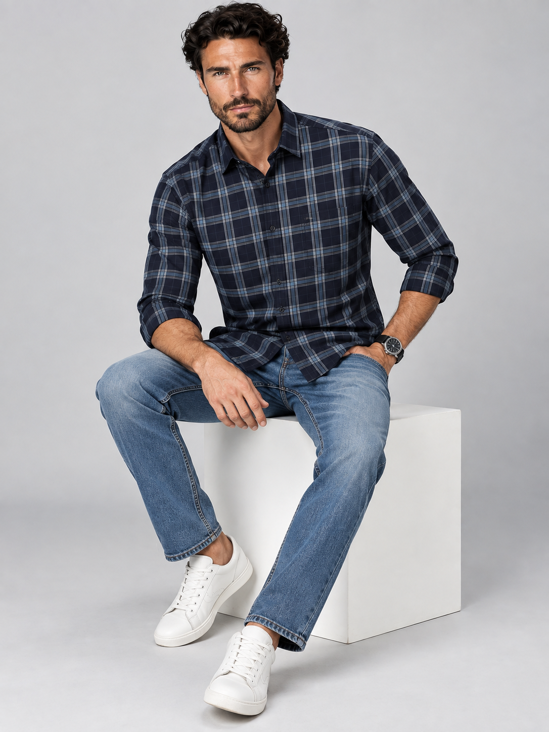 Men’s Premium Indigo Checked Full Sleeve Casual Shirt