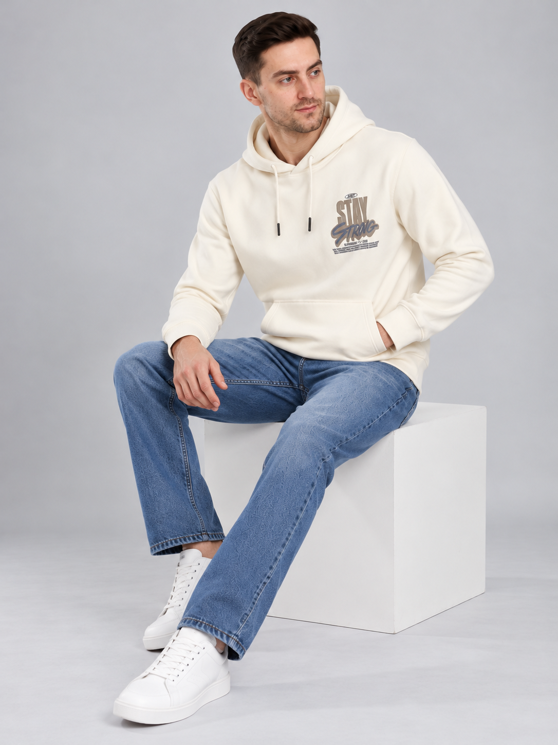 Cream Colour Regular Fit  Primium Hooded Sweatshirt