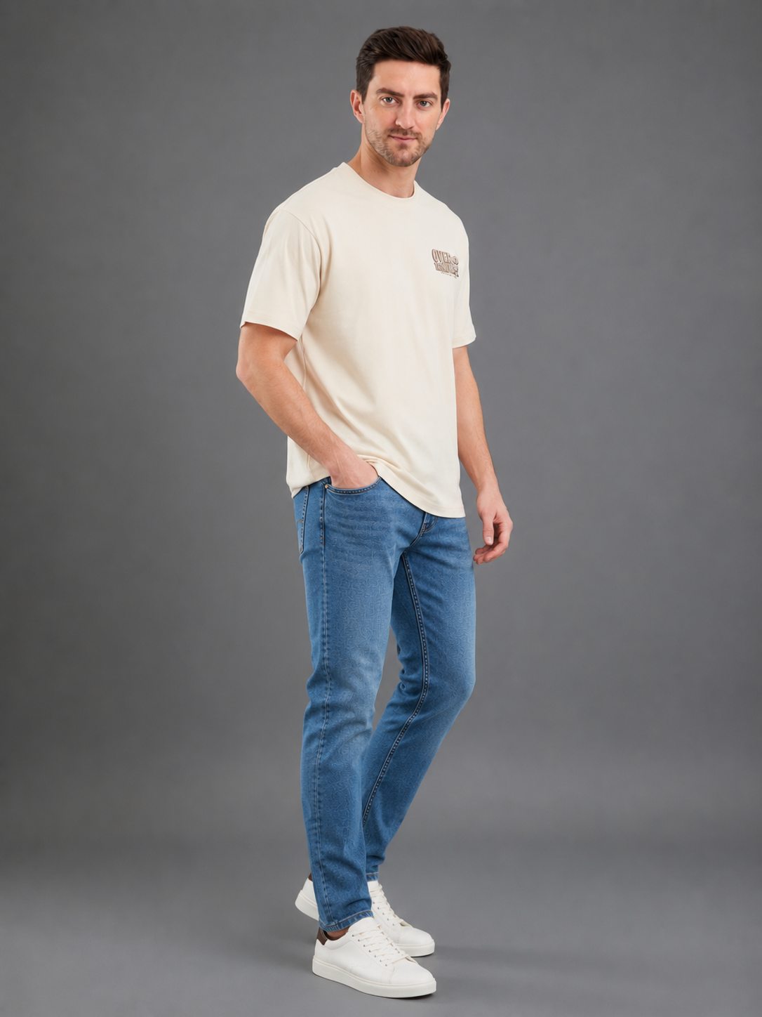 Men Cream Color Down Shoulder Round Neck T-Shirt